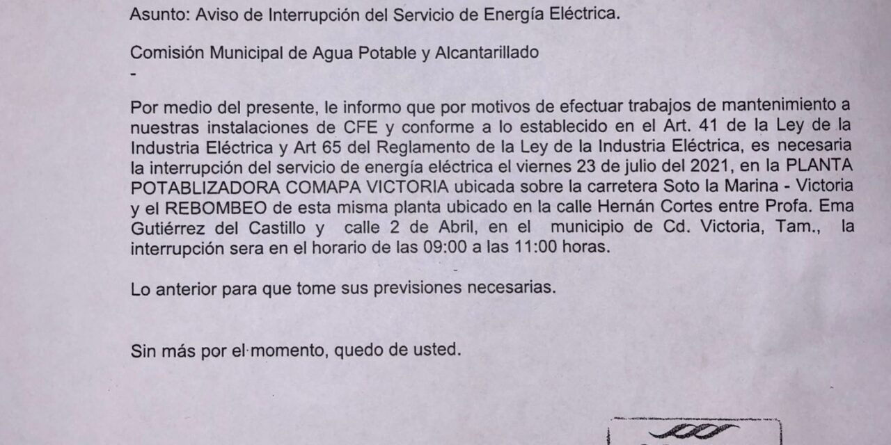 Victoria sin agua este viernes. Comapa culpa a la CFE