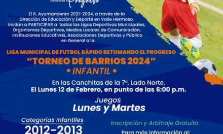El Gobierno Municipal., te invita al «Gran Torneo de Barrios 2024 Infantil», en Categorías 2012-2013 y 2014-2015, para inaugurar las nuevas Canchitas de la 7ª.