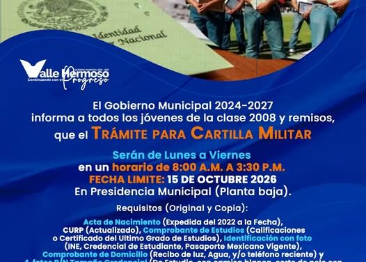 Jóvenes Clase 2008 y Remisos, ya pueden iniciar el trámite de la Cartilla del Servicio Militar Nacional.